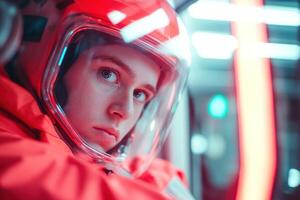 Inside an ambulance, a paramedic in a red uniform intently checks a patient's vitals. Emergency lights cast reflections on their face, emphasizing the urgency of the situation photo
