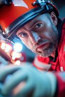 Inside an ambulance, a paramedic in a red uniform focuses on checking a patient's vitals while emergency lights cast vivid reflections. The atmosphere enhances the sense of urgency and action photo