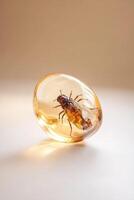 A stunning translucent amber gemstone reveals a perfectly preserved prehistoric insect inside, illuminated by soft, diffused light against a subtle beige background photo