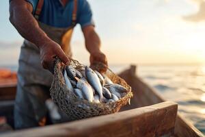 Early morning light bathes a seasoned fisherman on a wooden boat as he pulls in a net brimming with fresh fish. The serene ocean and distant shoreline create a timeless maritime atmosphere photo