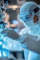 A skilled engineer in safety goggles and gloves fine-tunes a robotic arm in a cutting-edge laboratory, surrounded by glowing holographic displays enhancing innovation and technology photo