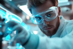 In a high-tech lab, an engineer in safety goggles and gloves fine-tunes a robotic arm amidst glowing blue holographic displays, showcasing cutting-edge technological innovation photo