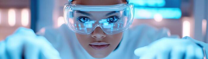 Engineer wearing safety goggles and gloves adjusts a robotic arm in a cutting-edge laboratory filled with glowing blue holographic screens, showcasing innovation and technology photo