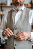 A skilled tailor in a classic vest meticulously measures fabric with a tape measure. The workshop is adorned with sewing tools, mannequins, and vintage sewing machines, creating a timeless atmosphere photo