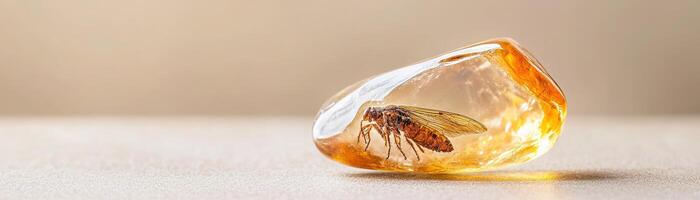 Softly glowing under diffused light, a translucent amber gemstone showcases a perfectly preserved prehistoric insect trapped within. The warm tones accentuate its historic allure photo