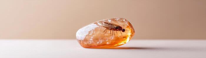 A translucent amber gemstone features a perfectly preserved prehistoric insect trapped inside, creating an enchanting glow against a softly blurred neutral background photo