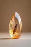 A translucent amber gemstone showcases a perfectly preserved prehistoric insect within, glowing gently under diffused light against a neutral beige background photo