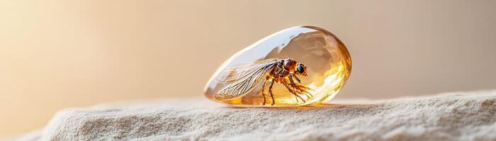 A translucent amber gemstone showcases a perfectly preserved prehistoric insect, softly illuminated under diffuse light. The neutral beige background enhances the captivating detail and allure photo