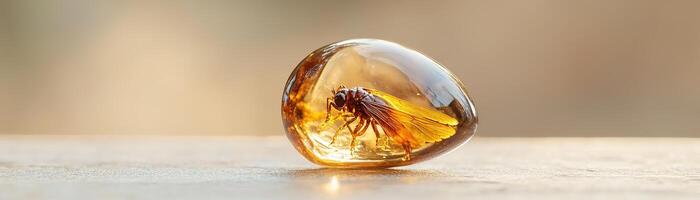 A translucent amber gemstone showcases a perfectly preserved prehistoric insect, illuminated softly in diffused light. The neutral beige background enhances the intriguing subject photo