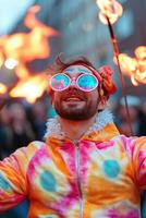 Juggler in a colorful costume enthralls an audience with impressive fire juggling skills during a lively city festival filled with lights and excitement photo