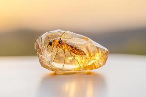 A translucent amber gemstone showcases a perfectly preserved insect trapped inside. The gentle glow under diffused light highlights its unique features against a soft beige backdrop photo