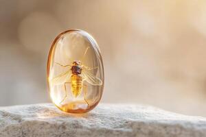 A translucent amber gemstone displays a prehistoric insect, perfectly preserved within, glowing gently under soft diffused light against a neutral background photo