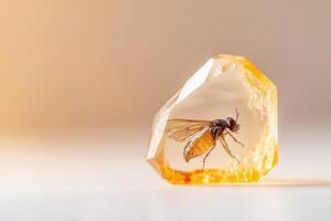 This translucent amber gemstone features a perfectly preserved prehistoric insect, glowing softly under diffused light. The elegant background enhances its natural beauty and allure photo