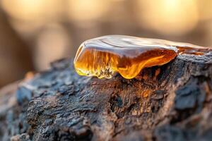 Thick amber resin gently flows from the rough bark of a tree, illuminated by sunlight. The natural hues of the forest create a tranquil, inviting atmosphere ideal for eco-focused branding photo