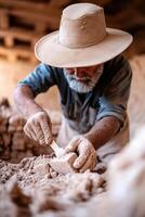 An archaeologist wearing a wide-brimmed hat delicately brushes away sand from an ancient artifact in a desert excavation site. Ruins and digging tools softly blur in the background photo