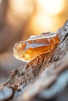 Thick amber resin drips from rough tree bark, illuminated by sunlight. The warm colors contrast with a softly blurred earthy background, enhancing an organic feel suitable for eco-friendly branding photo