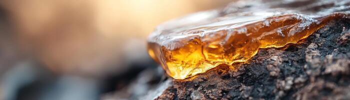 Visualize thick amber resin flowing from rough tree bark, glimmering in sunlight. This ultra-close-up captures the texture and warmth, perfect for promoting eco-friendly products photo
