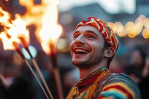 A thrilling street performer captivates an amazed audience, skillfully juggling flaming torches. The vibrant costume and festive atmosphere enhance the excitement of the evening photo