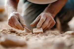 Archaeologist in a wide-brimmed hat carefully brushes sand off an ancient artifact, revealing its details at an excavation site surrounded by desert ruins and digging tools photo