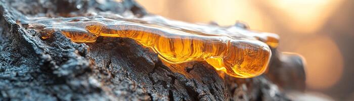 Thick amber resin drips from rugged tree bark, its golden hue illuminated by sunlight. The blurred forest background enhances the tactile, earthy feel, perfect for eco-friendly branding photo