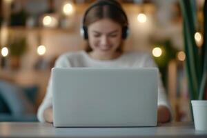 A smiling virtual assistant works diligently at a laptop in a modern home office, wearing a headset and utilizing soft natural lighting to create a welcoming atmosphere photo