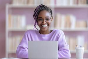 A cheerful tutor assists a student during an online lesson while seated at her desk. The soft, blurred background highlights the books and learning tools around her, creating a welcoming environment photo