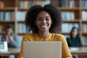 A cheerful tutor supports a student through an interactive online lesson, seated at a desk with a laptop open, surrounded by educational materials in a cozy study space photo