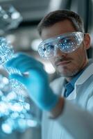Engineers in a modern lab focus on a robotic arm, wearing safety goggles and gloves. Glowing holographic screens illuminate the area, showcasing cutting-edge technology and innovation photo