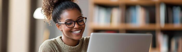 A tutor sits at a desk with an open laptop, smiling as she guides a student through an online lesson. Educational materials and books subtly enhance the learning atmosphere photo