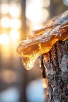 Golden amber tree resin drips gently from rough bark, illuminated by warm sunlight in a softly blurred forest setting. The natural glow invites a sense of eco-friendliness and wellness photo