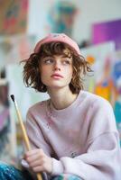 A young artist holds a paintbrush while gazing thoughtfully at a colorful canvas in a sunlit art studio. The atmosphere is inspiring with splashes of paint in the background photo