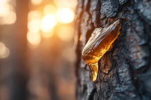 Golden amber resin gently drips from the rough bark of a tree in a forest, illuminated by sunlight that highlights its rich color and texture against a soft-focus background photo