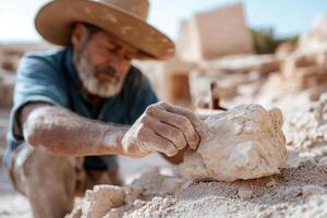 An archaeologist in a wide-brimmed hat is meticulously cleaning sand from an ancient artifact at a desert excavation site surrounded by ruins and digging tools, showcasing the thrill of discovery photo