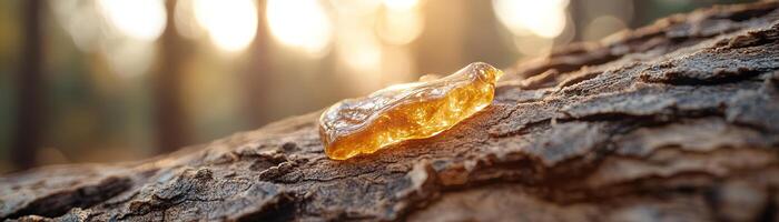 Golden amber tree resin slowly drips from a textured bark, illuminated by sunlight. A blurred forest backdrop creates a warm and calming atmosphere, ideal for eco-friendly themes photo