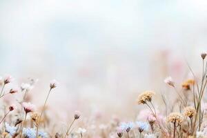 Rustic wild meadow grass features tiny colorful wildflowers scattered throughout, set against a softly blurred pastel background, perfect for eco-friendly projects photo