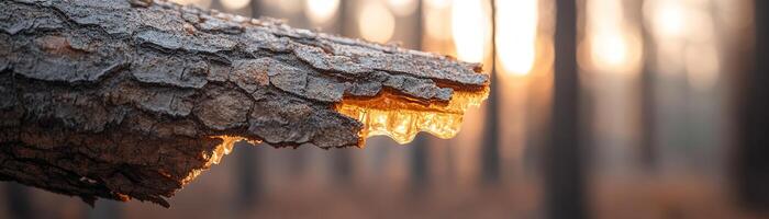 Golden amber tree resin slowly drips from the rough surface of bark, illuminated by sunlight. The softly blurred forest background enhances the warmth and natural beauty, ideal for wellness themes photo