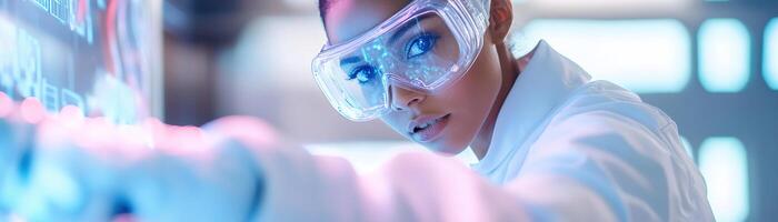 An engineer in safety goggles and gloves focuses on adjusting a robotic arm in a modern lab. Glowing blue holographic screens illuminate the advanced workspace, showcasing innovation and technology photo