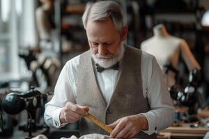 Expert tailor in a classic vest focuses on measuring fabric in a workshop rich with sewing tools and vintage machines, showcasing craftsmanship and precision photo