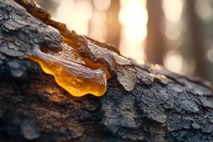 Golden amber tree resin slowly drips from textured bark, illuminated by soft sunlight in a serene forest. The background remains softly blurred, enhancing the resin's rich color and texture photo