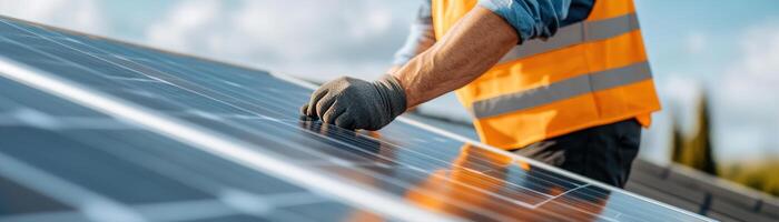 A renewable energy technician in a safety vest is skillfully installing a solar panel on a residential rooftop, contributing to sustainability efforts. The background features a clear blue sky photo