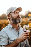 A winemaker holds a glass of red wine up to the light, inspecting its rich color amidst rows of grapevines. Soft sunlight filters through, enhancing the rustic vineyard atmosphere photo