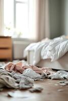 Clutter fills the bedroom with an unmade bed and clothes strewn on the floor. The nightstand is messy, highlighting the need for organizing and cleaning solutions photo
