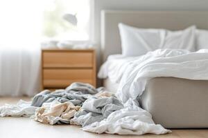Clutter fills the bedroom space, with an unmade bed and clothes thrown on the floor. Soft natural light filters through the curtains, emphasizing the need for tidiness and organization photo