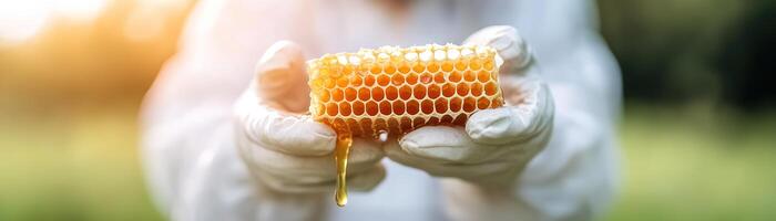 In a protective suit, a beekeeper inspects a honeycomb dripping with honey. The serene green meadow sets a tranquil backdrop for sustainable honey farming practices photo