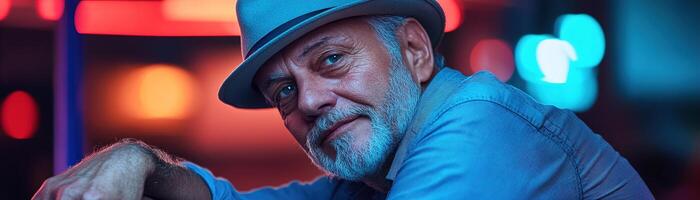 A senior man with a fedora leans back against the bar in a lively dance club, illuminated by soft blue and red lights, creating a warm, inviting atmosphere perfect for socializing photo