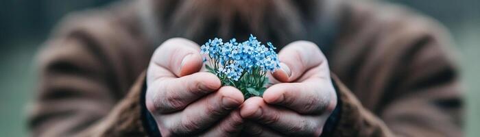 A rugged bearded man cradles a delicate bouquet of forget-me-nots in his hands, illuminated by soft sunlight, with a beautifully blurred background of greens and blues that adds a sentimental touch photo