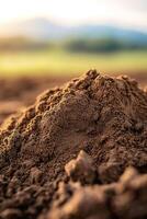 Freshly turned dark brown soil glistens under soft sunlight, showcasing its rich texture. Rolling hills blur in the background, creating a serene setting ideal for eco-friendly farming promotions photo