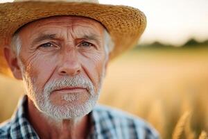 An elderly farmer stands proudly in a golden wheat field during sunset, showcasing deep wrinkles and wisdom acquired through years of agricultural work, evoking nostalgia and respect photo
