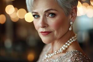 An elderly woman with short silver hair and pearls exudes sophistication while immersed in the vibrant atmosphere of a jazz dance club, surrounded by warm golden tones photo
