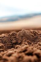 Close-up view of freshly plowed dark brown soil illuminated by soft sunlight, highlighting the rich texture against softly blurred rolling hills in the background photo